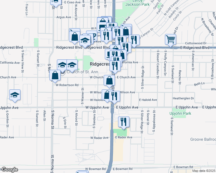map of restaurants, bars, coffee shops, grocery stores, and more near 115 West Robertson Road in Ridgecrest