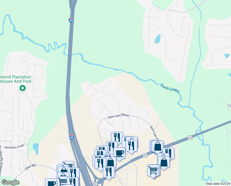 map of restaurants, bars, coffee shops, grocery stores, and more near 26 Capewood Court in Garner