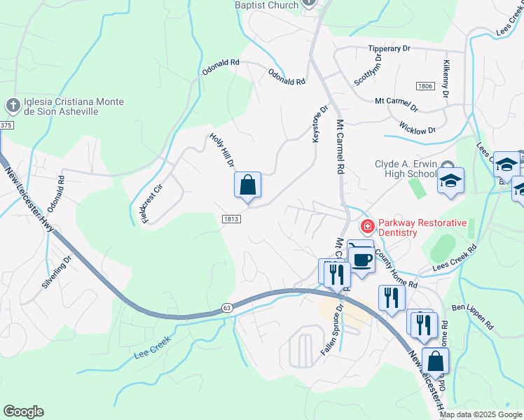 map of restaurants, bars, coffee shops, grocery stores, and more near 184 Keystone Drive in Asheville
