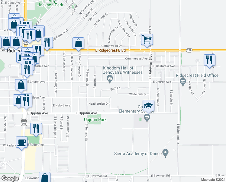 map of restaurants, bars, coffee shops, grocery stores, and more near 629 Beth Lane in Ridgecrest