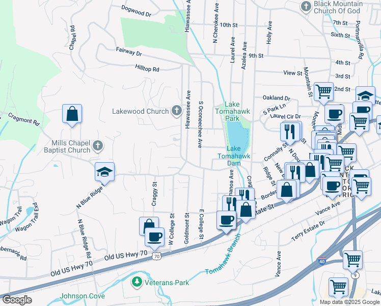 map of restaurants, bars, coffee shops, grocery stores, and more near 104 Hiawassee Avenue in Black Mountain