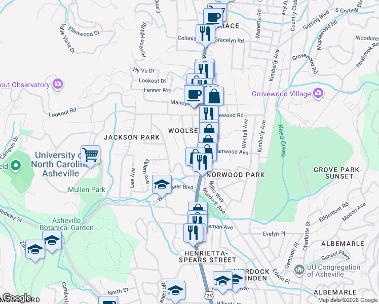 map of restaurants, bars, coffee shops, grocery stores, and more near 600 Merrimon Avenue in Asheville