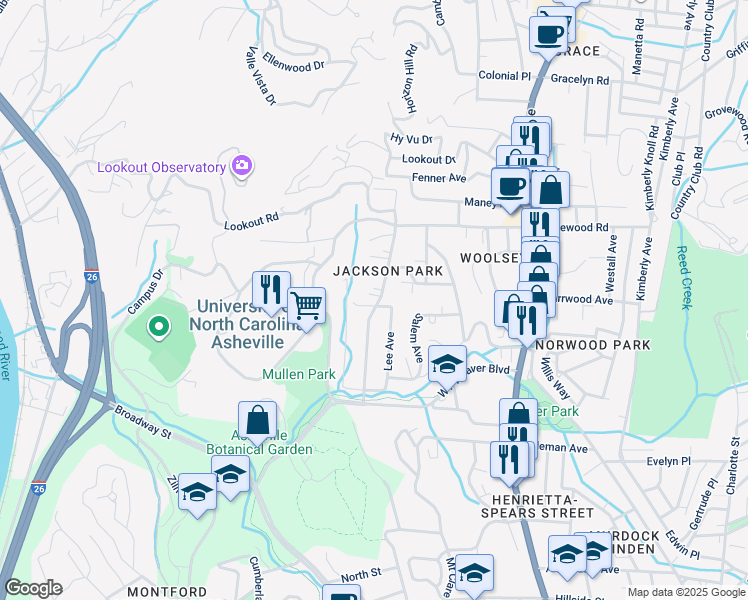 map of restaurants, bars, coffee shops, grocery stores, and more near 96 Barnard Avenue in Asheville
