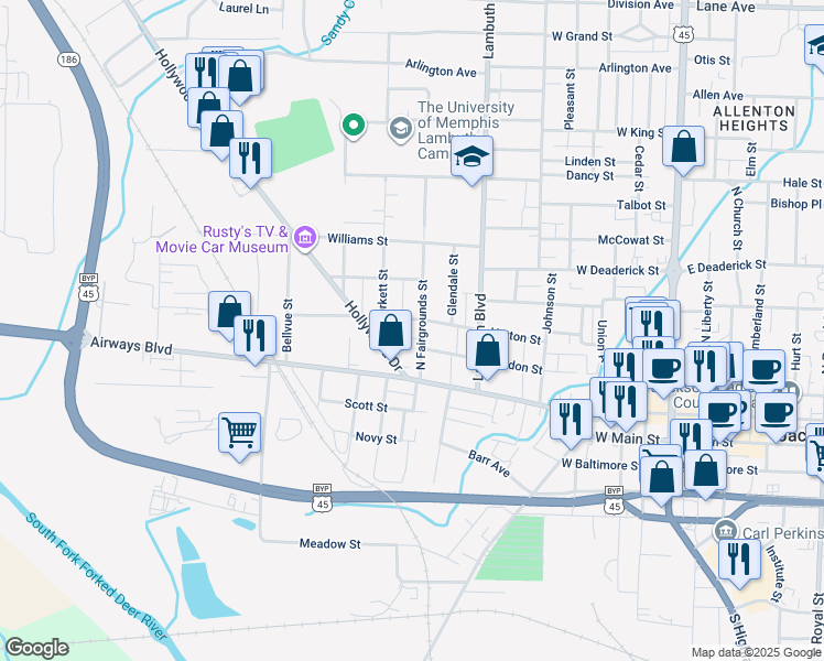 map of restaurants, bars, coffee shops, grocery stores, and more near 114 Hollywood Drive in Jackson