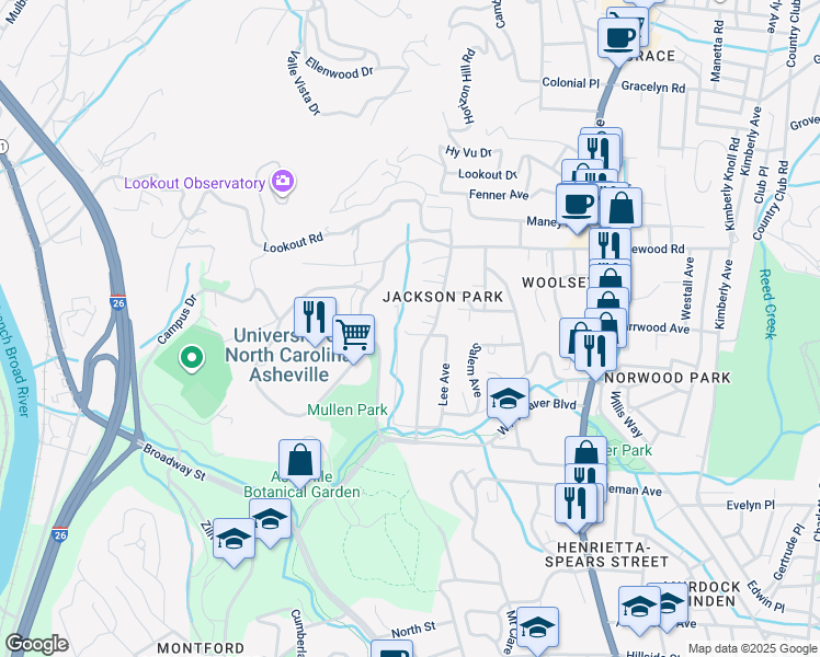 map of restaurants, bars, coffee shops, grocery stores, and more near 14 Elmore Street in Asheville