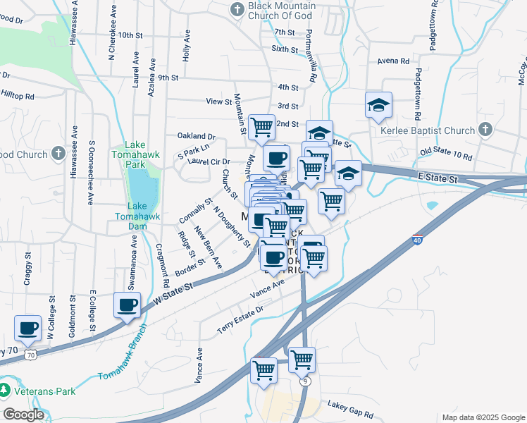 map of restaurants, bars, coffee shops, grocery stores, and more near 105 Montreat Road in Black Mountain