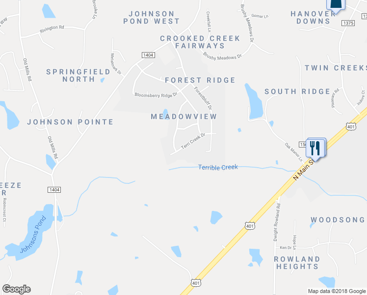 map of restaurants, bars, coffee shops, grocery stores, and more near 2013 Terri Creek Drive in Fuquay Varina