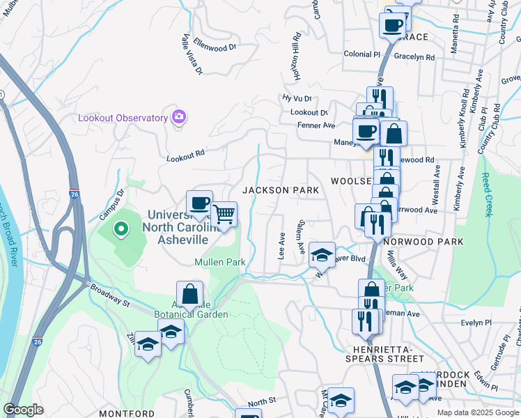 map of restaurants, bars, coffee shops, grocery stores, and more near 14 Elmore Street in Asheville