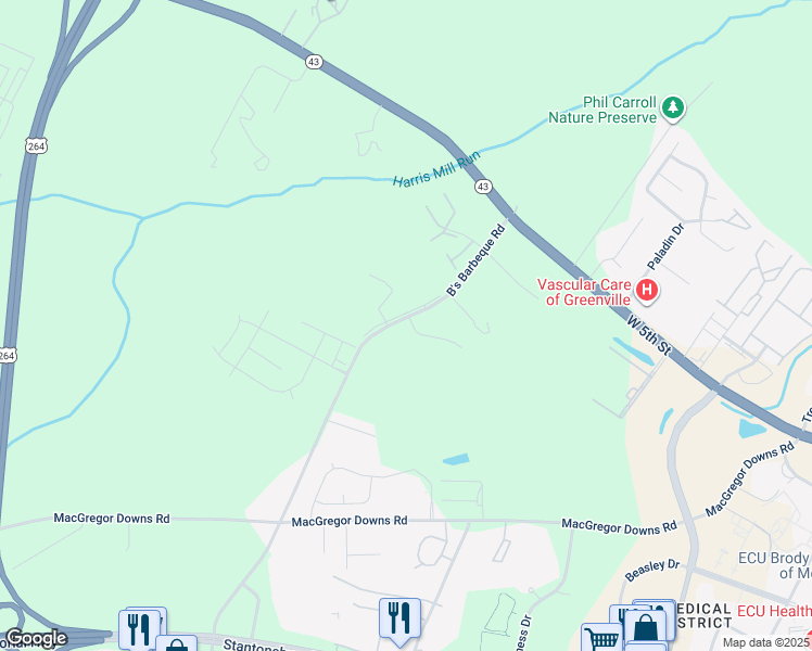 map of restaurants, bars, coffee shops, grocery stores, and more near 1005 B's Barbeque Road in Greenville