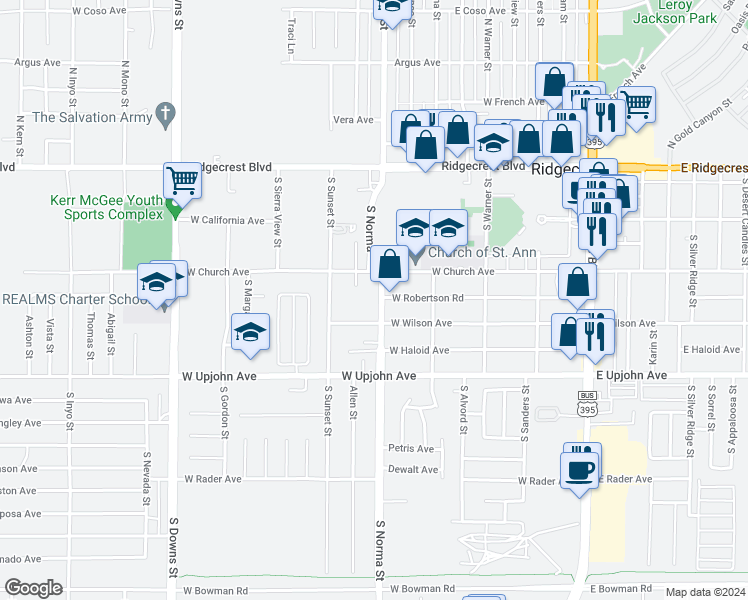map of restaurants, bars, coffee shops, grocery stores, and more near 361 South Norma Street in Ridgecrest