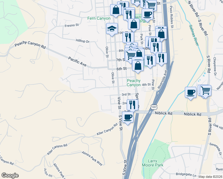 map of restaurants, bars, coffee shops, grocery stores, and more near 328 4th Street in Paso Robles