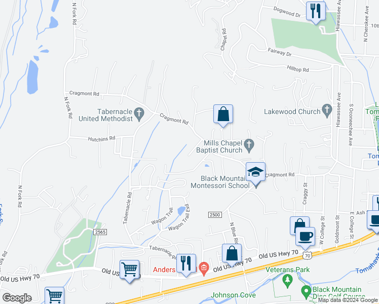 map of restaurants, bars, coffee shops, grocery stores, and more near 16 Shady Knoll Lane in Black Mountain