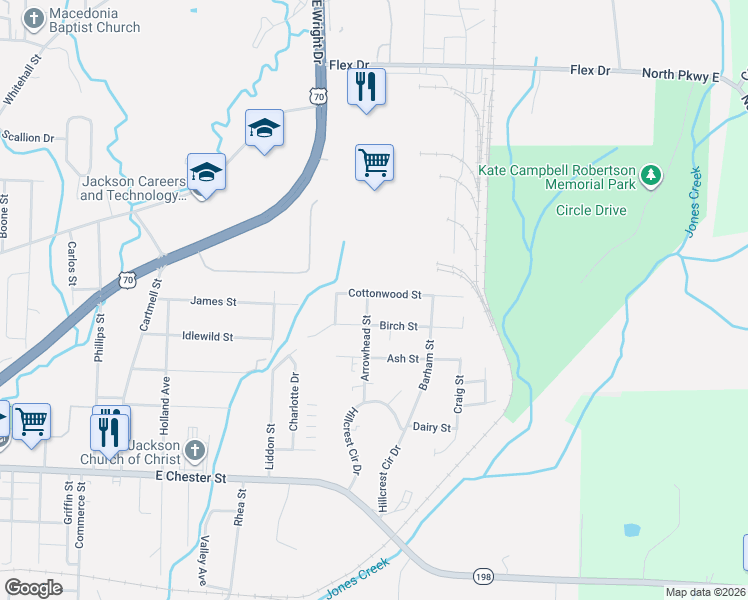 map of restaurants, bars, coffee shops, grocery stores, and more near 210 Cottonwood Street in Jackson