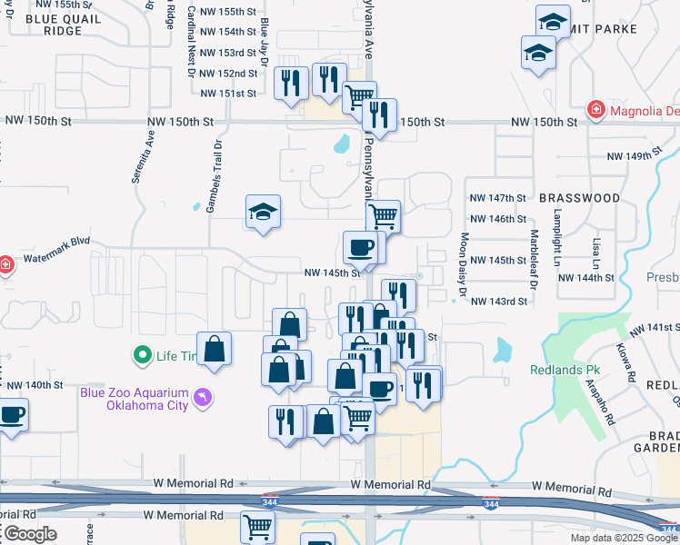 map of restaurants, bars, coffee shops, grocery stores, and more near 14417 North Pennsylvania Avenue in Oklahoma City