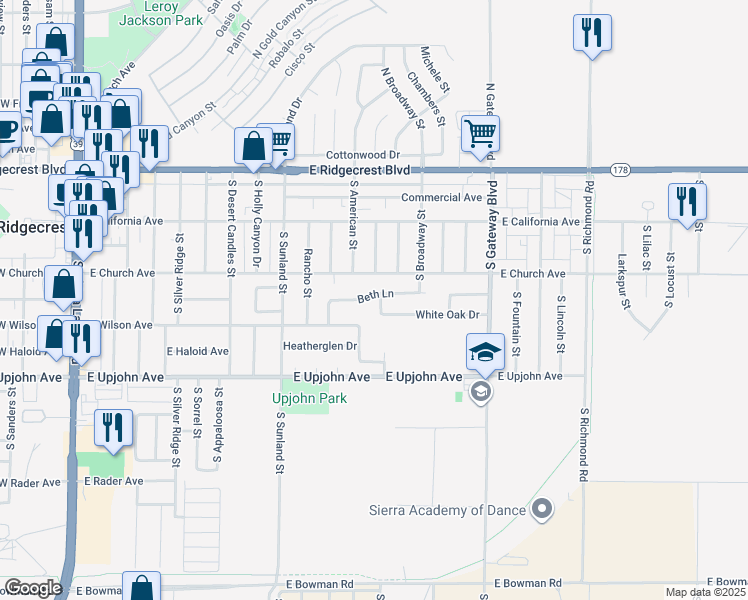 map of restaurants, bars, coffee shops, grocery stores, and more near 315 Reese Street in Ridgecrest