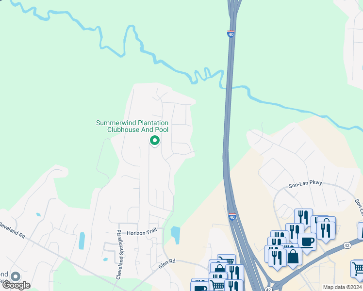 map of restaurants, bars, coffee shops, grocery stores, and more near 2640 Timber Drive in Garner
