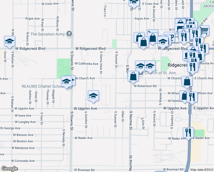 map of restaurants, bars, coffee shops, grocery stores, and more near 1237 Mountain View Drive in Ridgecrest