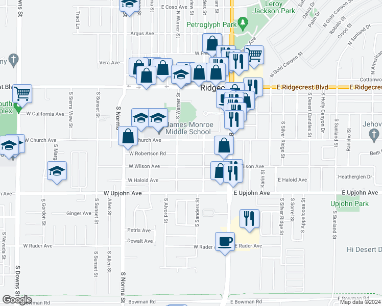 map of restaurants, bars, coffee shops, grocery stores, and more near 218 West Robertson Avenue in Ridgecrest