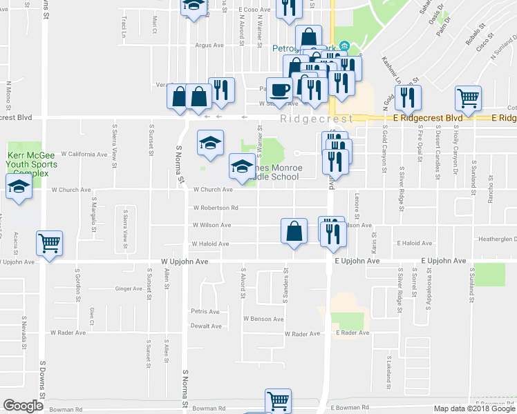 map of restaurants, bars, coffee shops, grocery stores, and more near 240 West Robertson Road in Ridgecrest