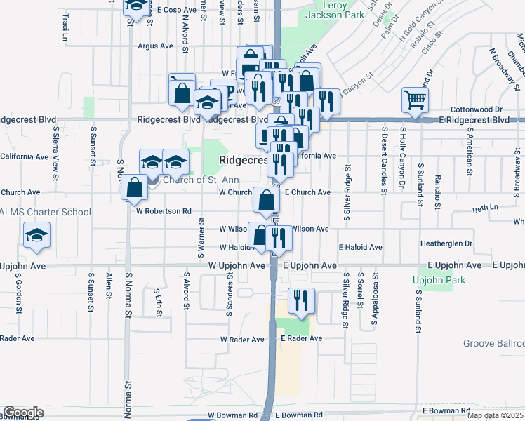 map of restaurants, bars, coffee shops, grocery stores, and more near 110 West Robertson Avenue in Ridgecrest