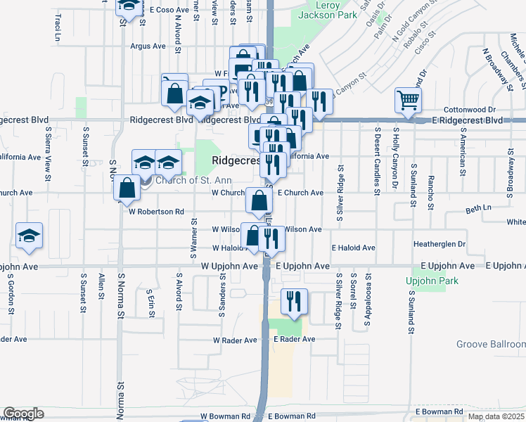 map of restaurants, bars, coffee shops, grocery stores, and more near 345 South China Lake Boulevard in Ridgecrest