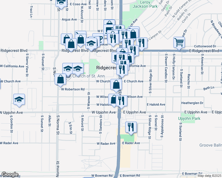 map of restaurants, bars, coffee shops, grocery stores, and more near 140 West Wilson Avenue in Ridgecrest