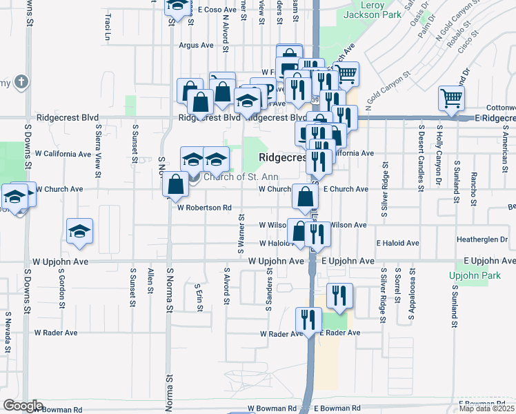 map of restaurants, bars, coffee shops, grocery stores, and more near 220 West Wilson Avenue in Ridgecrest