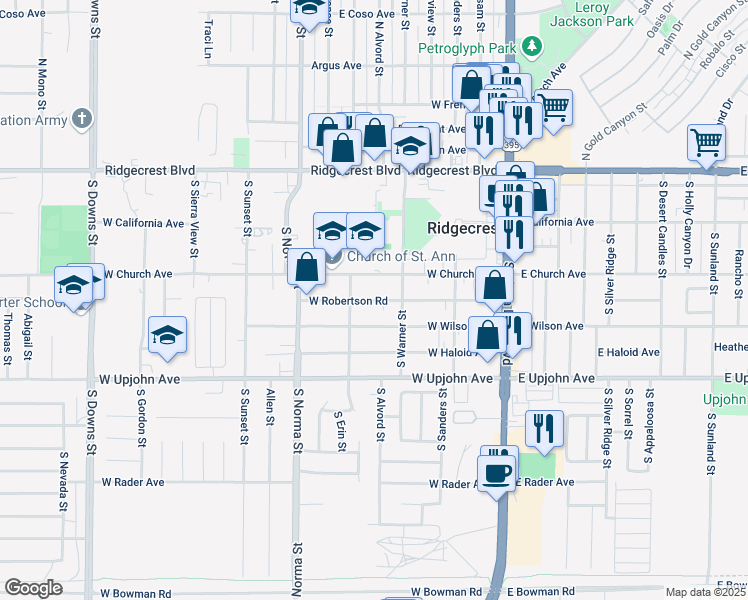 map of restaurants, bars, coffee shops, grocery stores, and more near 308 West Wilson Avenue in Ridgecrest