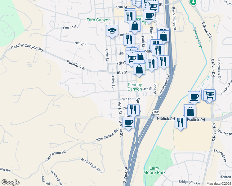 map of restaurants, bars, coffee shops, grocery stores, and more near 511 3rd Street in Paso Robles