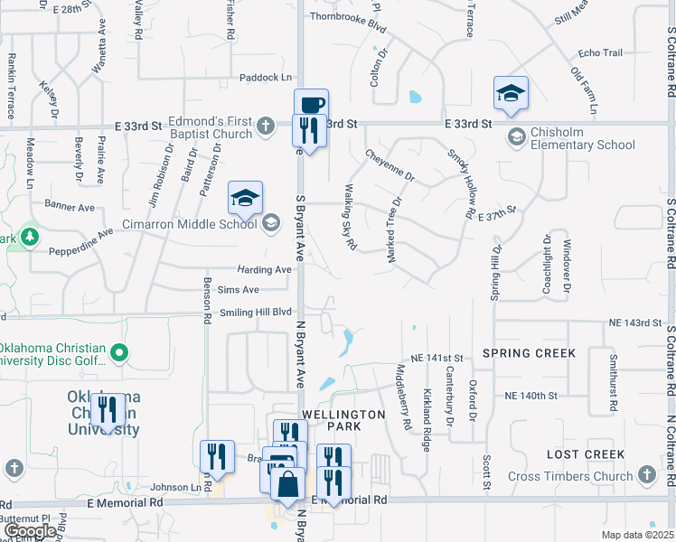 map of restaurants, bars, coffee shops, grocery stores, and more near 1630 Fall Creek Drive in Edmond