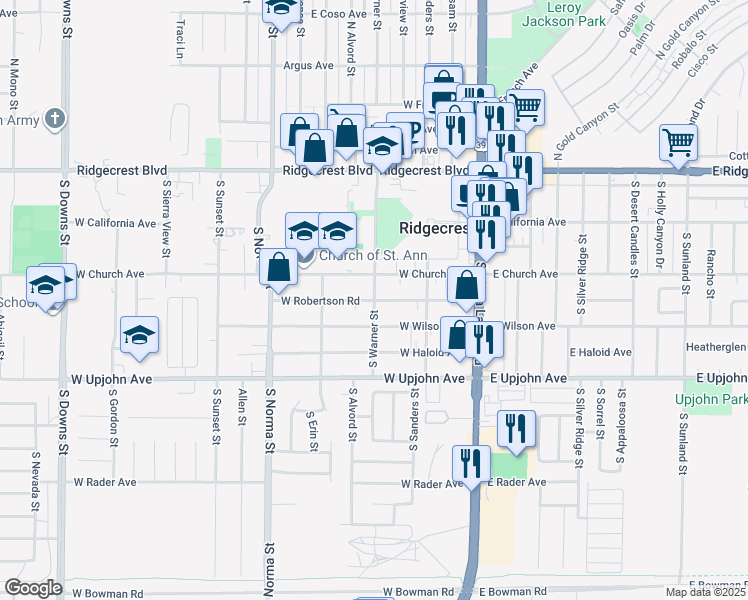 map of restaurants, bars, coffee shops, grocery stores, and more near 325 South Warner Street in Ridgecrest