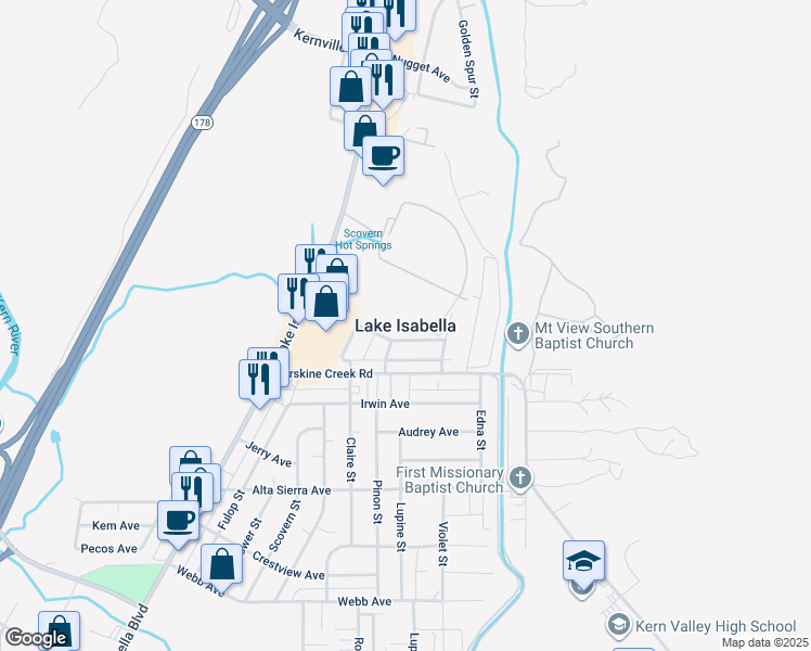 map of restaurants, bars, coffee shops, grocery stores, and more near Lake Isabella Boulevard in Lake Isabella