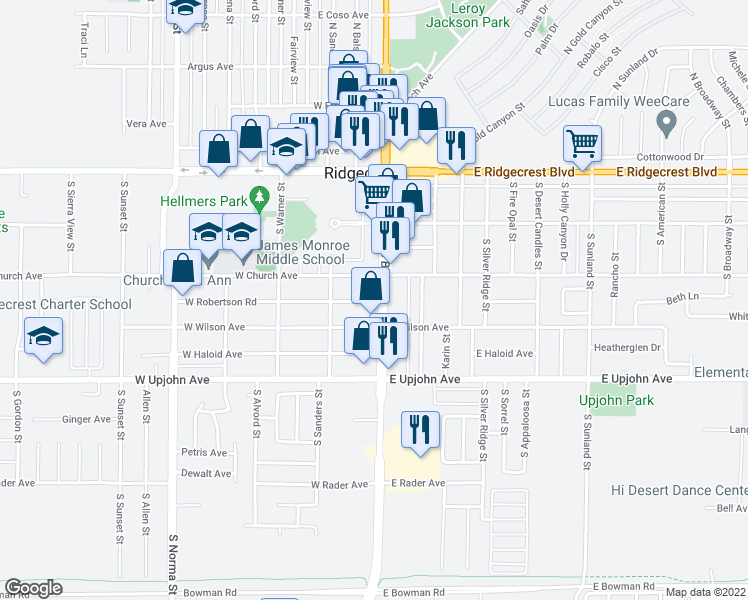 map of restaurants, bars, coffee shops, grocery stores, and more near 108 West Robertson Road in Ridgecrest
