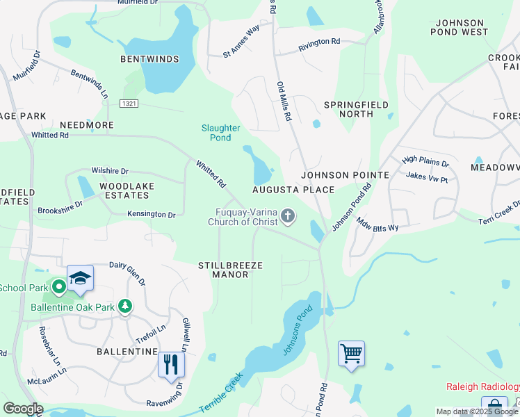 map of restaurants, bars, coffee shops, grocery stores, and more near 6352 Whitted Road in Fuquay Varina