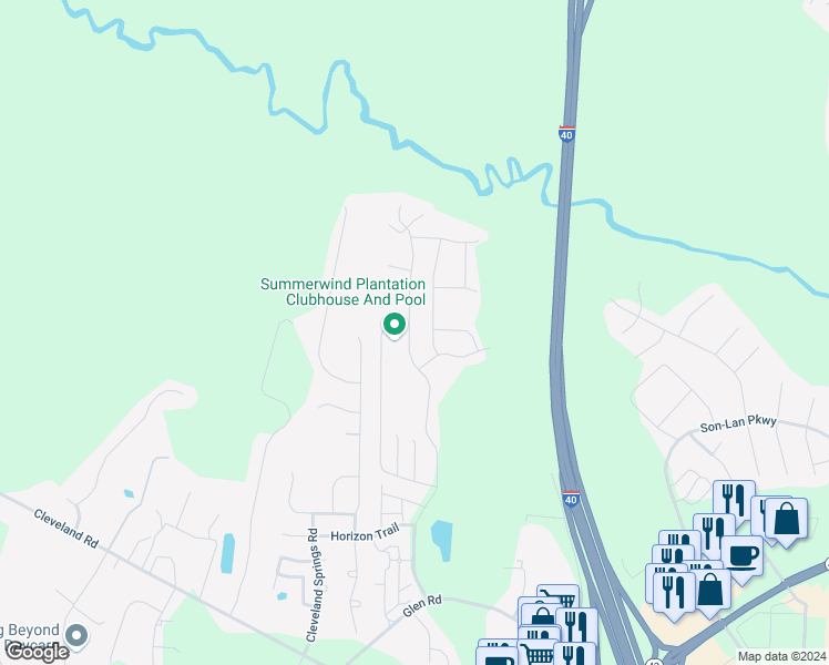 map of restaurants, bars, coffee shops, grocery stores, and more near 456 Summerwind Plantation Drive in Garner