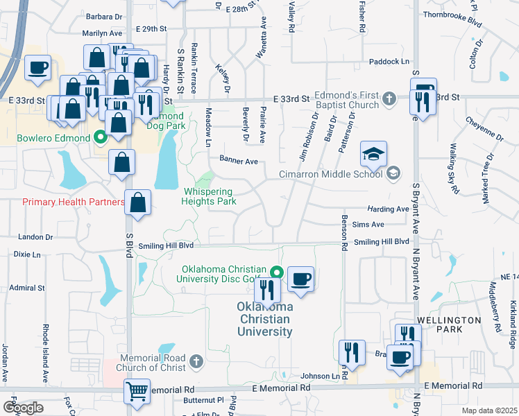 map of restaurants, bars, coffee shops, grocery stores, and more near 3817 Meadow Lane in Edmond