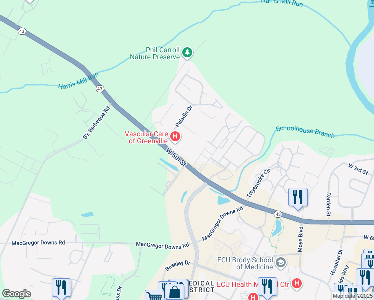 map of restaurants, bars, coffee shops, grocery stores, and more near 2500 North Carolina 43 in Greenville
