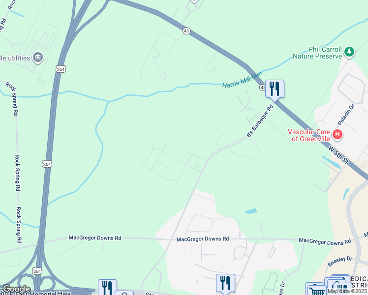 map of restaurants, bars, coffee shops, grocery stores, and more near 1130 B's Barbeque Road in Greenville
