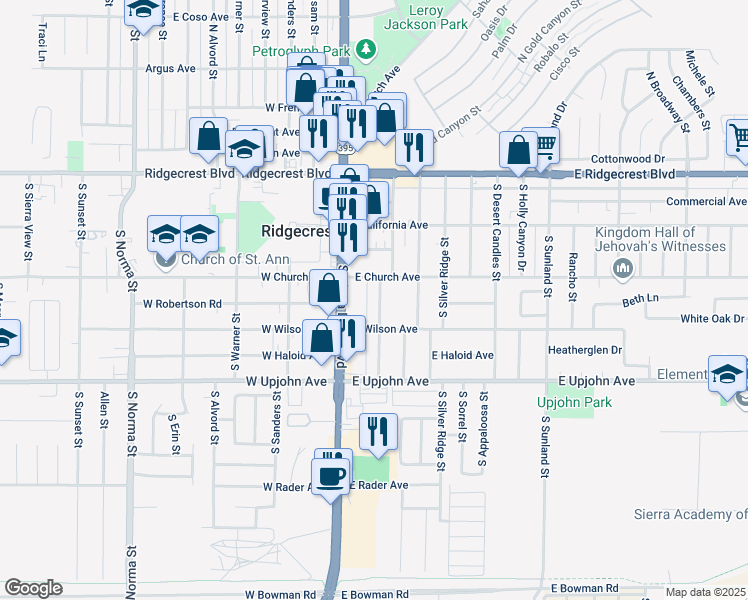 map of restaurants, bars, coffee shops, grocery stores, and more near 317 Lenore Street in Ridgecrest