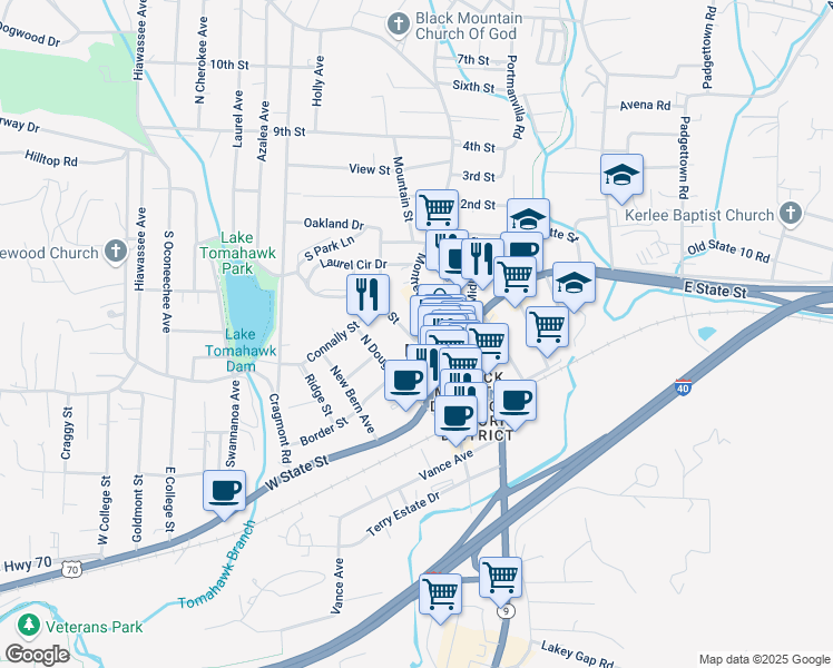 map of restaurants, bars, coffee shops, grocery stores, and more near in Black Mountain