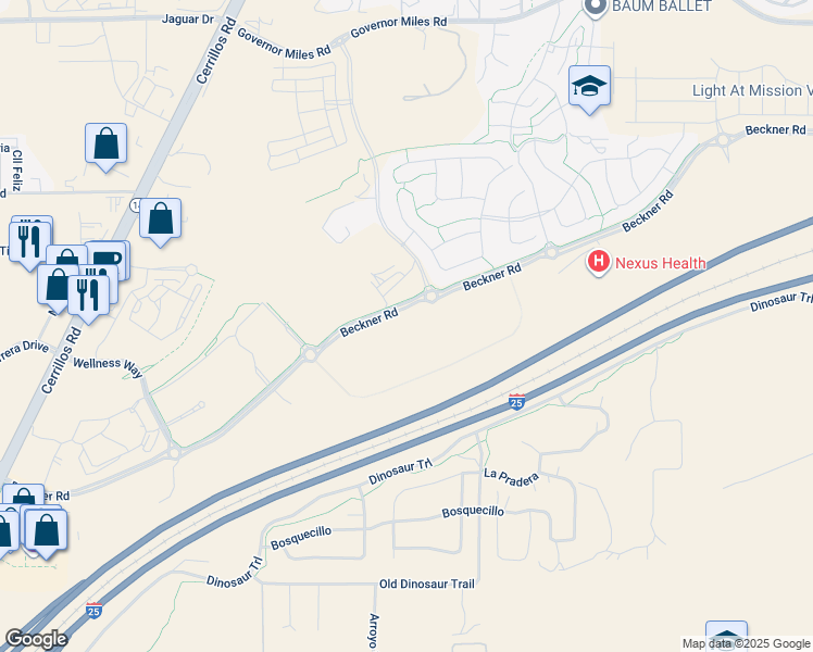map of restaurants, bars, coffee shops, grocery stores, and more near 4552 Beckner Road in Santa Fe