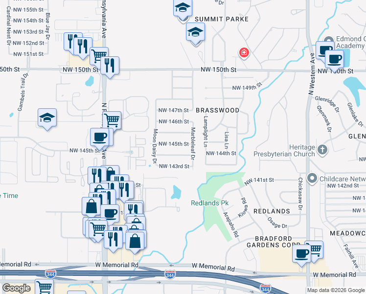 map of restaurants, bars, coffee shops, grocery stores, and more near 1612 Northwest 144th Terrace in Edmond