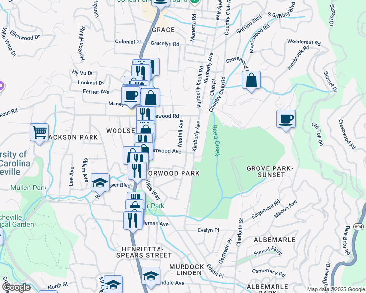 map of restaurants, bars, coffee shops, grocery stores, and more near 11 Westall Avenue in Asheville