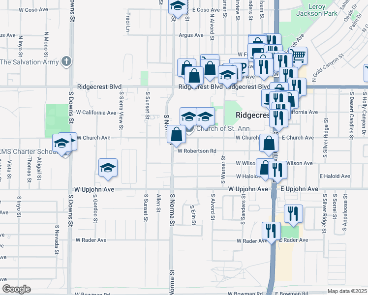 map of restaurants, bars, coffee shops, grocery stores, and more near 424 West Wilson Avenue in Ridgecrest