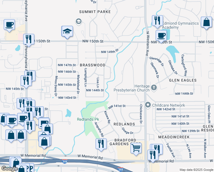 map of restaurants, bars, coffee shops, grocery stores, and more near 14408 Brasswood Boulevard in Edmond
