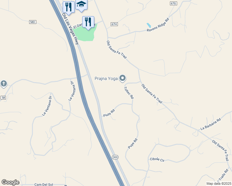 map of restaurants, bars, coffee shops, grocery stores, and more near 19 Piute Road in Santa Fe