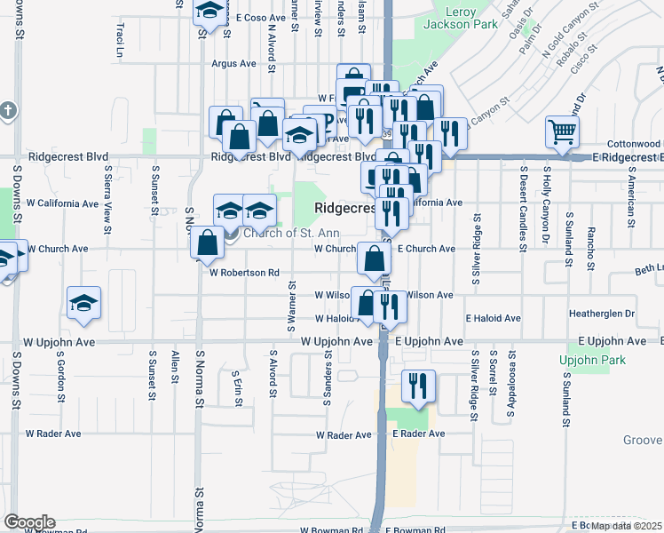 map of restaurants, bars, coffee shops, grocery stores, and more near 140 West Wilson Avenue in Ridgecrest