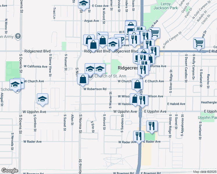 map of restaurants, bars, coffee shops, grocery stores, and more near 308 West Wilson Avenue in Ridgecrest