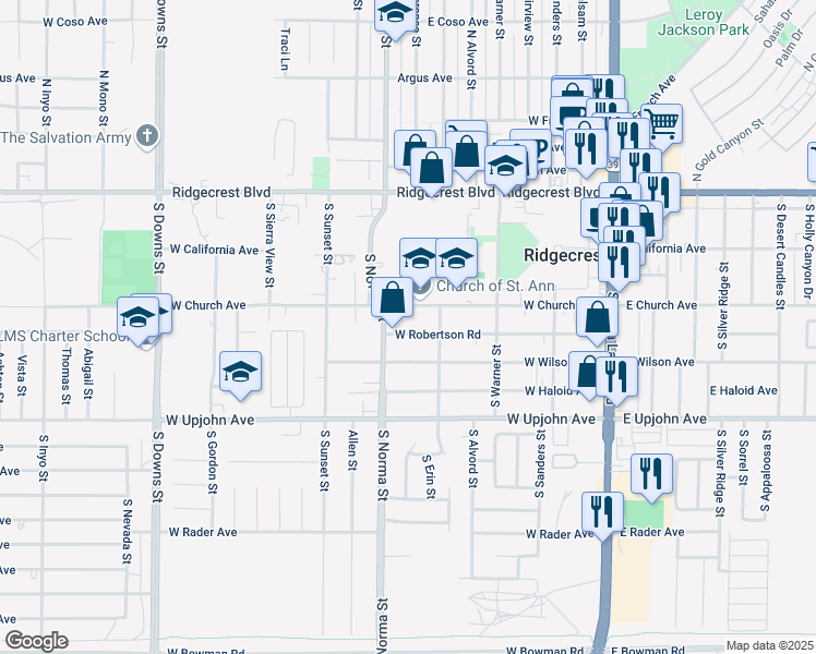 map of restaurants, bars, coffee shops, grocery stores, and more near 424 West Wilson Avenue in Ridgecrest