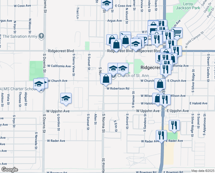 map of restaurants, bars, coffee shops, grocery stores, and more near 424 West Wilson Avenue in Ridgecrest